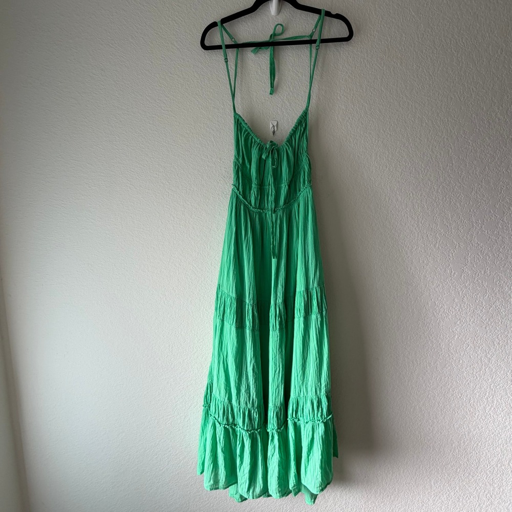Free People Southwest Lace-Up Maxi Dress Green Crinkle Gauze Tiered Boho Medium